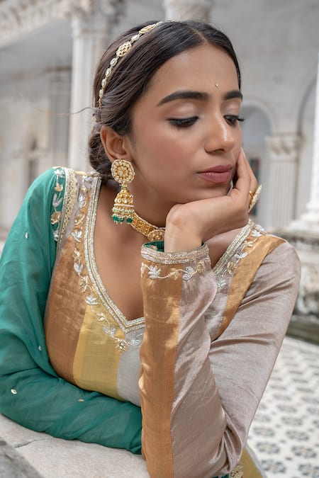 Sheela Suthar Multi Color Silk, Chiffon Zari, Embroidery V-neck Panelled Anarkali With Dupatta at Aza Fashions Sheela Suthar_Multi Color Silk, Chiffon Zari, Embroidery V-neck Panelled Anarkali With Dupatta _at_Aza_Fashions