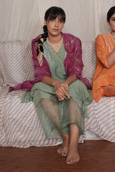 Buy Pants And Pajamas Green Chanderi, Cotton, Crayon Moss Chikankari Kurta Pant And Dupatta - Set Of 3 Online at Aza Fashions Buy_Pants And Pajamas_Green Chanderi, Cotton, Crayon Moss Chikankari Kurta Pant And Dupatta - Set Of 3 _Online_at_Aza_Fashions