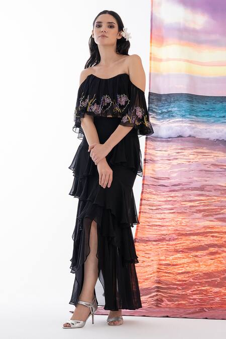 Amrta By Guneet Kondal_Black Viscose Embroidery Off-shoulder Cold Top And Skirt Set_Online_at_Aza_Fashions