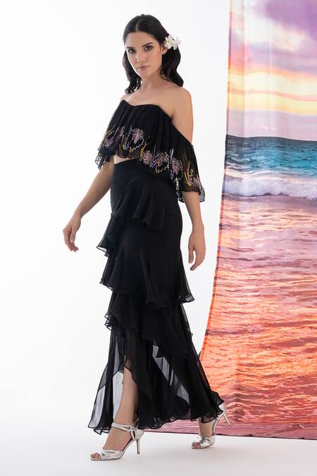 Shop_Amrta By Guneet Kondal_Black Viscose Embroidery Off-shoulder Cold Top And Skirt Set_Online_at_Aza_Fashions