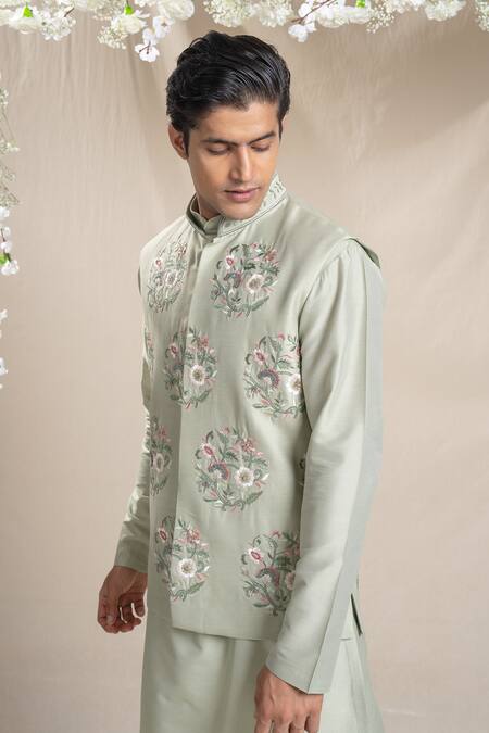 Buy_Sanjev Marwaaha_Green Cotton, Silk Embroidery Floral Bundi Kurta Set_Online_at_Aza_Fashions