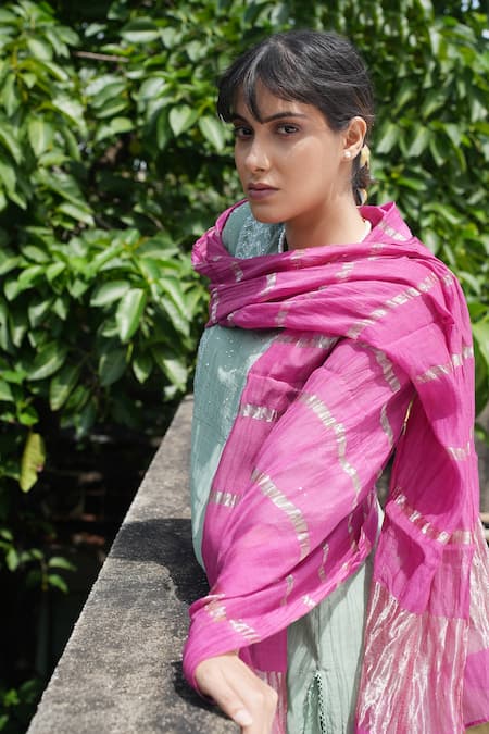 Shop_Pants And Pajamas_Green Chanderi, Cotton, Crayon Moss Chikankari Kurta Pant And Dupatta - Set Of 3 _Online_at_Aza_Fashions