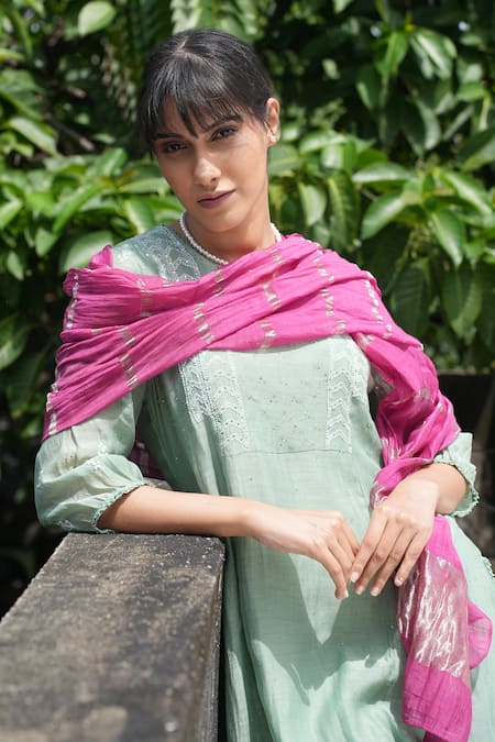 Pants And Pajamas_Green Chanderi, Cotton, Crayon Moss Chikankari Kurta Pant And Dupatta - Set Of 3 _at_Aza_Fashions