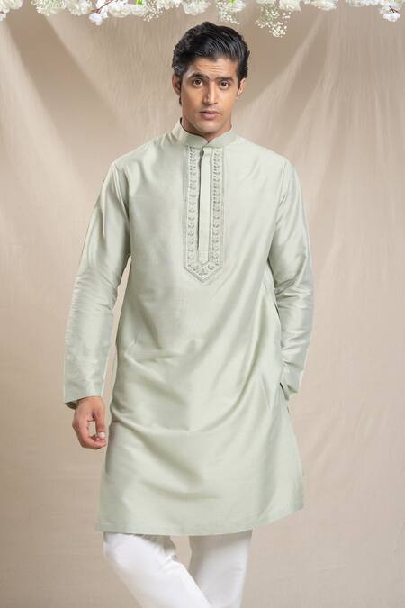 Sanjev Marwaaha_Green Cotton, Silk Embroidery Floral Bundi Kurta Set_Online_at_Aza_Fashions