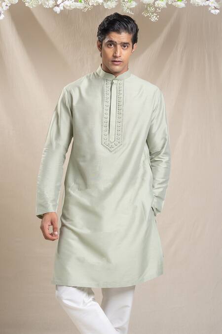 Shop_Sanjev Marwaaha_Green Cotton, Silk Embroidery Floral Bundi Kurta Set_Online_at_Aza_Fashions