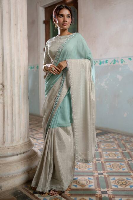 Sheela Suthar Silver Organza Zari Border Embroidered Saree With Running Blouse Online at Aza Fashions Sheela Suthar_Silver Organza Zari Border Embroidered Saree With Running Blouse _Online_at_Aza_Fashions