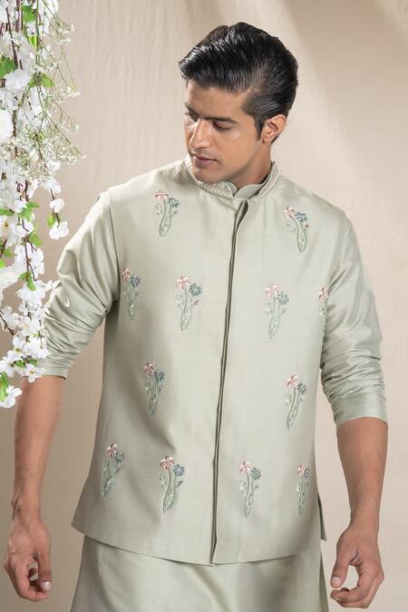 Shop_Sanjev Marwaaha_Green Cotton, Silk Embroidery Floral Bundi Kurta Set_Online_at_Aza_Fashions