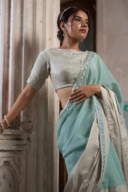 Buy Sheela Suthar Silver Organza Zari Border Embroidered Saree With Running Blouse Online at Aza Fashions Buy_Sheela Suthar_Silver Organza Zari Border Embroidered Saree With Running Blouse _Online_at_Aza_Fashions
