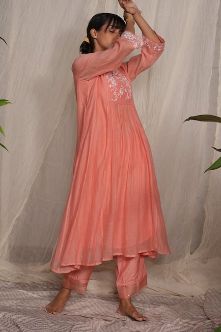 Pants And Pajamas_Peach Chanderi, Muslin Mirrors V-neck Candy Stick Chikankari Kurta _Online_at_Aza_Fashions