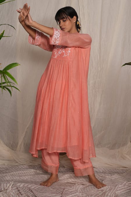 Buy_Pants And Pajamas_Peach Chanderi, Muslin Mirrors V-neck Candy Stick Chikankari Kurta _Online_at_Aza_Fashions