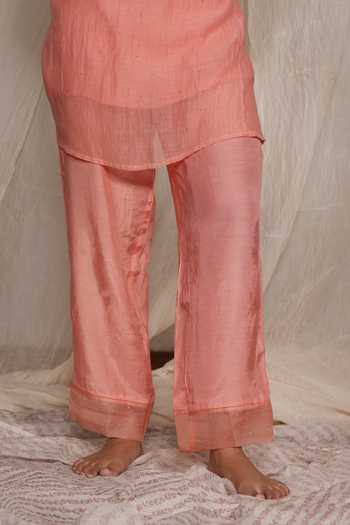 Pants And Pajamas_Peach Chanderi, Cotton, Silk Embroidery, Candy Stick Kurta And Pant - Set Of 2 _Online_at_Aza_Fashions