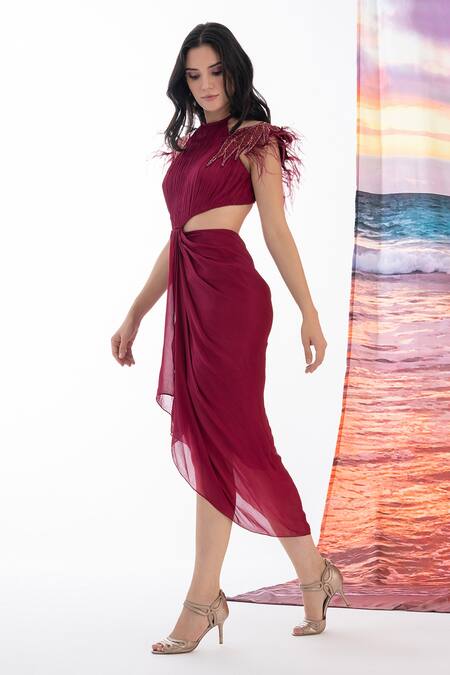 Buy_Amrta By Guneet Kondal_Maroon Chiffon, Viscose Beads Halter Neck Ruched Cutout Asymmetrical Dress _Online_at_Aza_Fashions