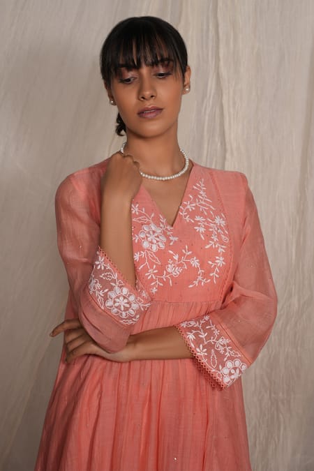 Shop_Pants And Pajamas_Peach Chanderi, Muslin Mirrors V-neck Candy Stick Chikankari Kurta _Online_at_Aza_Fashions