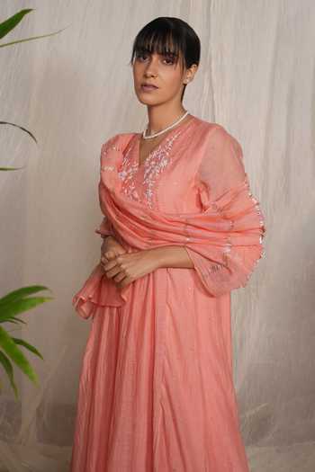 Shop_Pants And Pajamas_Peach Chanderi, Cotton, Silk Embroidery, Candy Stick Kurta And Pant - Set Of 2 _Online_at_Aza_Fashions
