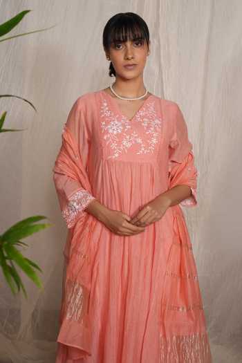 Pants And Pajamas_Peach Chanderi, Cotton, Silk Embroidery, Candy Stick Kurta And Pant - Set Of 2 _at_Aza_Fashions