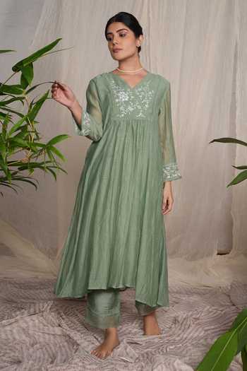 Pants And Pajamas Candy Stick Moss Green Chikankari Kurta & Pant - Set of 2 