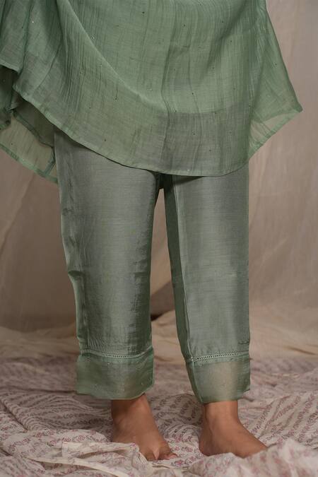 Buy_Pants And Pajamas_Green Cotton Silk Embroidery Sequin Candy Stick Moss Pant_Online_at_Aza_Fashions