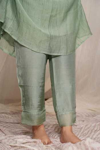Buy_Pants And Pajamas_Green Chanderi, Cotton, Candy Stick Moss Chikankari Kurta And Pant - Set Of 2 _Online_at_Aza_Fashions