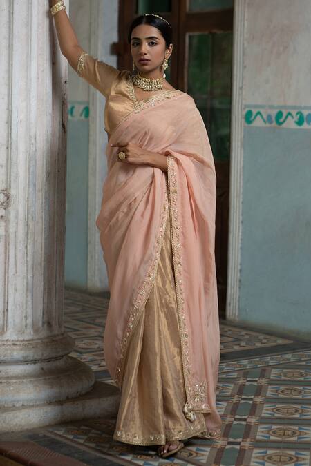 Buy Sheela Suthar Gold Tissue, Organza Zari Border Embroidered Saree With Running Blouse Online at Aza Fashions Buy_Sheela Suthar_Gold Tissue, Organza Zari Border Embroidered Saree With Running Blouse _Online_at_Aza_Fashions