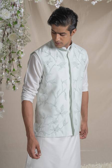 Sanjev Marwaaha_Sky Blue Cotton, Silk Embroidery Snow Flower Bundi Kurta Set_Online_at_Aza_Fashions