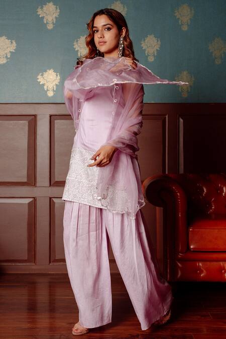 LAHARIO_Purple , Organza Sequins, Embroidery Round Threadwork Kurta Gharara Set _Online_at_Aza_Fashions