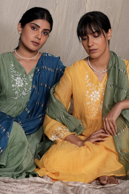 Pants And Pajamas_Yellow Chanderi, Cotton, Candy Stick Chikankari Kurta Pant And Dupatta - Set Of 3 _Online_at_Aza_Fashions