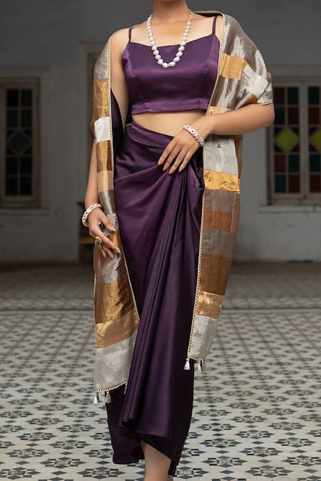 Sheela Suthar Purple Satin Sequins Square Neck Bustier And Draped Skirt Set Online at Aza Fashions Sheela Suthar_Purple Satin Sequins Square Neck Bustier And Draped Skirt Set _Online_at_Aza_Fashions