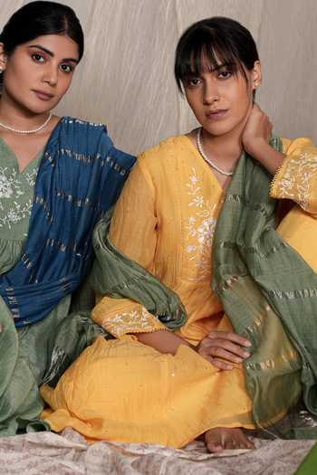 Pants And Pajamas Yellow Chanderi Mirrors V-neck Candy Stick Chikankari Kurta Online at Aza Fashions Pants And Pajamas_Yellow Chanderi Mirrors V-neck Candy Stick Chikankari Kurta _Online_at_Aza_Fashions