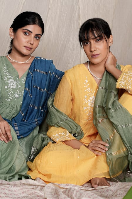 Buy_Pants And Pajamas_Yellow Chanderi, Cotton, Candy Stick Chikankari Kurta Pant And Dupatta - Set Of 3 _Online_at_Aza_Fashions