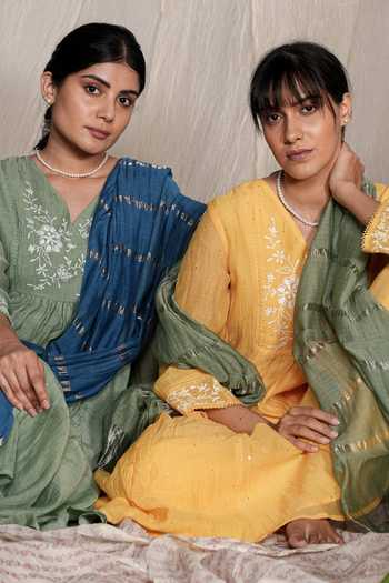 Shop_Pants And Pajamas_Green Chanderi, Cotton, Candy Stick Moss Chikankari Kurta And Pant - Set Of 2 _Online_at_Aza_Fashions