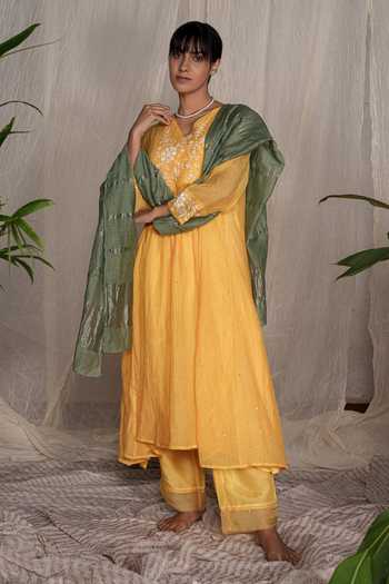 Buy Pants And Pajamas Yellow Chanderi Mirrors V-neck Candy Stick Chikankari Kurta Online at Aza Fashions Buy_Pants And Pajamas_Yellow Chanderi Mirrors V-neck Candy Stick Chikankari Kurta _Online_at_Aza_Fashions