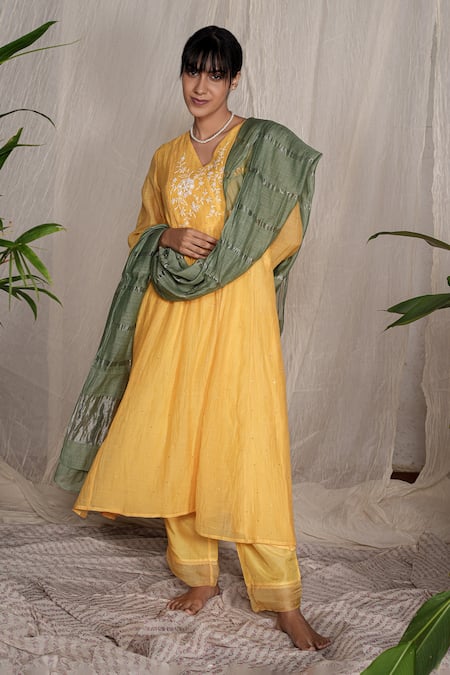 Pants And Pajamas_Yellow Chanderi, Cotton, Candy Stick Chikankari Kurta Pant And Dupatta - Set Of 3 _at_Aza_Fashions