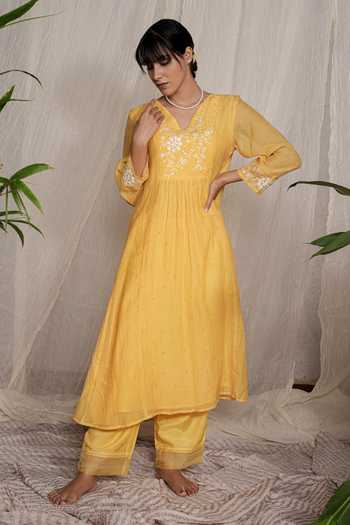 Pants And Pajamas Candy Stick Yellow Kurta & Pant - Set of 2 