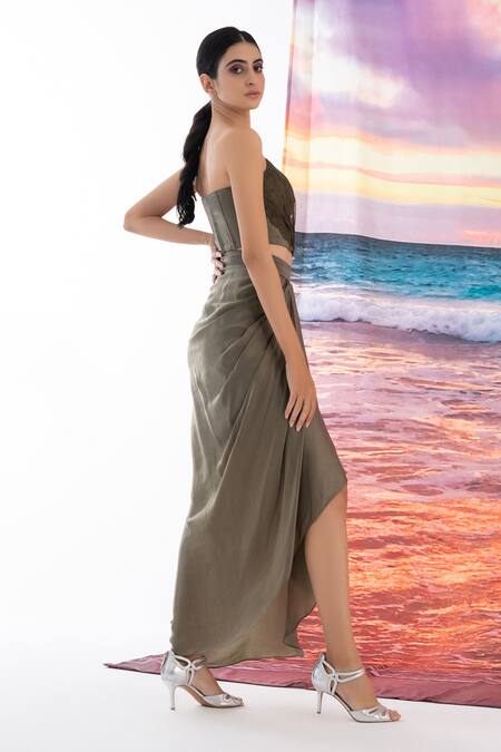 Shop_Amrta By Guneet Kondal_Green Viscose Round Neck Corset And Draped Skirt Set _Online_at_Aza_Fashions