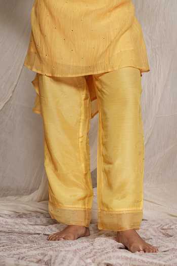 Shop_Pants And Pajamas_Yellow Chanderi, Cotton, Silk Embroidery, Candy Stick Kurta And Pant - Set Of 2 _Online_at_Aza_Fashions