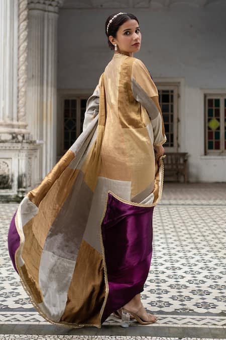 Sheela Suthar Gold Tissue Embroidery, Sequins Open Neck Multi Panelled Long Jacket Online at Aza Fashions Sheela Suthar_Gold Tissue Embroidery, Sequins Open Neck Multi Panelled Long Jacket _Online_at_Aza_Fashions