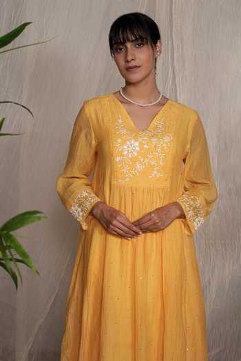 Pants And Pajamas Yellow Chanderi Mirrors V-neck Candy Stick Chikankari Kurta at Aza Fashions Pants And Pajamas_Yellow Chanderi Mirrors V-neck Candy Stick Chikankari Kurta _at_Aza_Fashions