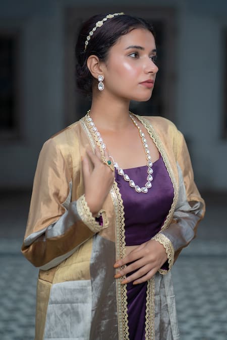 Buy Sheela Suthar Gold Tissue Embroidery, Sequins Open Neck Multi Panelled Long Jacket Online at Aza Fashions Buy_Sheela Suthar_Gold Tissue Embroidery, Sequins Open Neck Multi Panelled Long Jacket _Online_at_Aza_Fashions