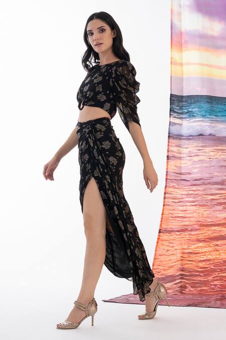 Shop_Amrta By Guneet Kondal_Black Viscose Embroidery Round Neck Floral Pattern Top And Thigh Slit Skirt Set_Online_at_Aza_Fashions