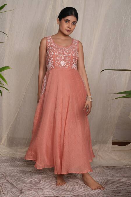 Pants And Pajamas_Peach Chanderi Embroidery Round Neck Paper Chikankari Dress _Online_at_Aza_Fashions
