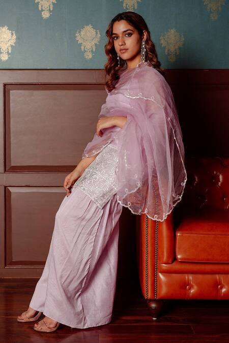 Buy_LAHARIO_Purple , Organza Sequins, Embroidery Round Threadwork Kurta Gharara Set _Online_at_Aza_Fashions