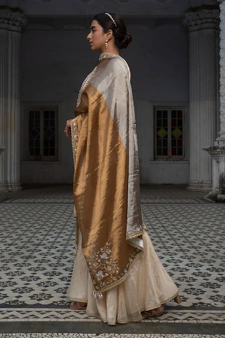 Sheela Suthar Ivory Chanderi, Tissue Zari, Diamonds V-neck Stripe Pattern Kurta Gharara Set at Aza Fashions Sheela Suthar_Ivory Chanderi, Tissue Zari, Diamonds V-neck Stripe Pattern Kurta Gharara Set _at_Aza_Fashions