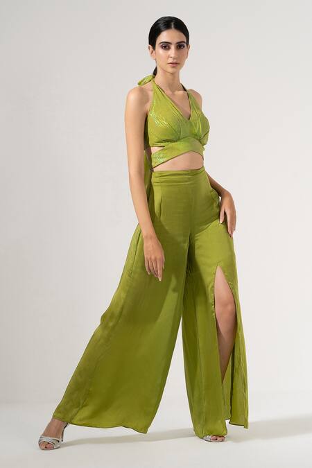 Amrta By Guneet Kondal_Green Viscose Halter Neck Careless Whispers Top And Wide Legged Pant Set _Online_at_Aza_Fashions