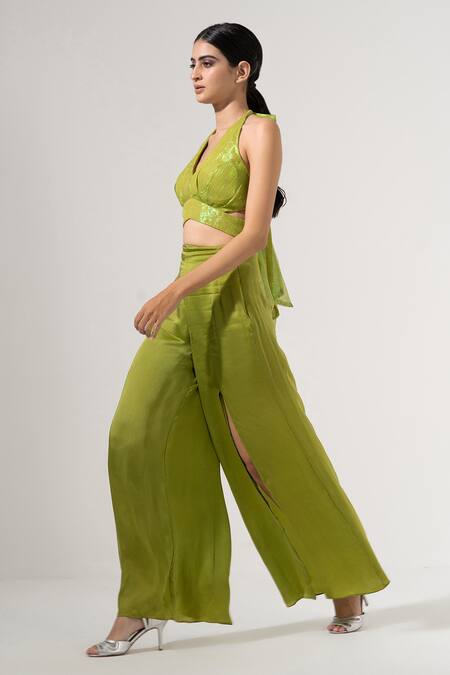 Buy_Amrta By Guneet Kondal_Green Viscose Halter Neck Careless Whispers Top And Wide Legged Pant Set _Online_at_Aza_Fashions