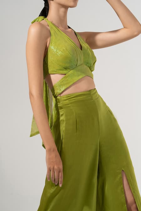 Shop_Amrta By Guneet Kondal_Green Viscose Halter Neck Careless Whispers Top And Wide Legged Pant Set _Online_at_Aza_Fashions