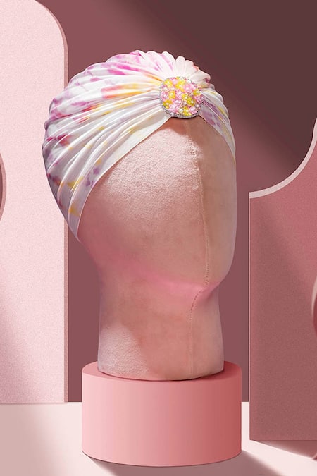Hair Drama CO_White Tie Dye Turban With Bead Embellishment _Online_at_Aza_Fashions