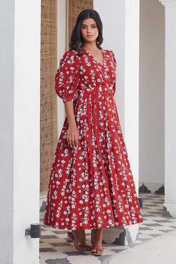 Rivaaj Clothing_Red Floral Wrap-around Dress _Online_at_Aza_Fashions