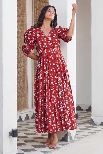 Buy_Rivaaj Clothing_Red Floral Wrap-around Dress _Online_at_Aza_Fashions