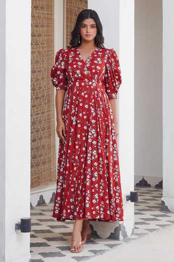 Shop_Rivaaj Clothing_Red Floral Wrap-around Dress _Online_at_Aza_Fashions