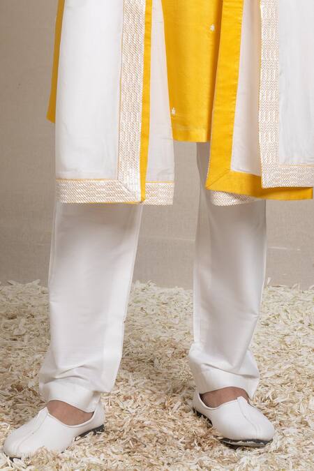 Sanjev Marwaaha_Yellow Cotton, Silk, Modal Sequins, Cut Work, Embellished Placket Kurta Pant Set_Online_at_Aza_Fashions
